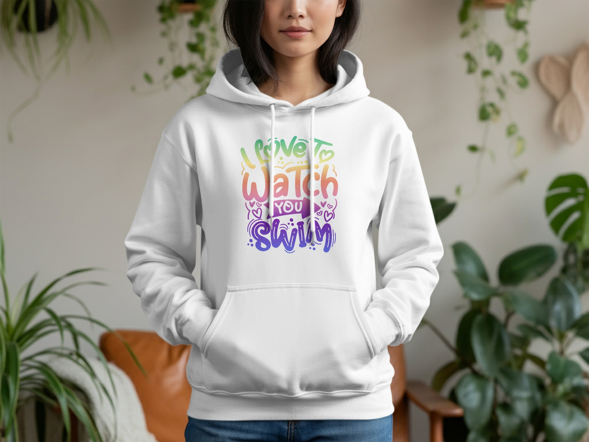 Colorful Inspirational Swimming Quote Hoodie, Unisex White Hooded Sweatshirt, Casual Athletic Apparel